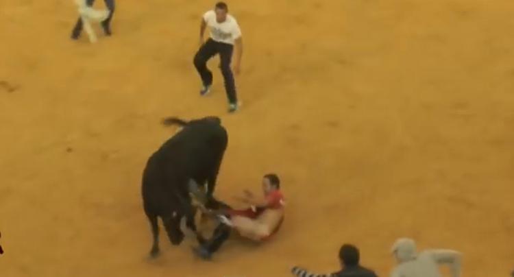 Il toro attacca il torero e lo lascia in mutande