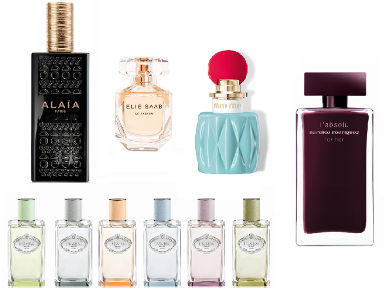Da sinistra a destra: 'Alaia Paris', 'Elie Saab Le Parfum', la prima fragranza di Miu Miu, 'for her l'absolu' di Narciso Rodriguez e in basso le sei fragranze di Prada 'Les Infusions'