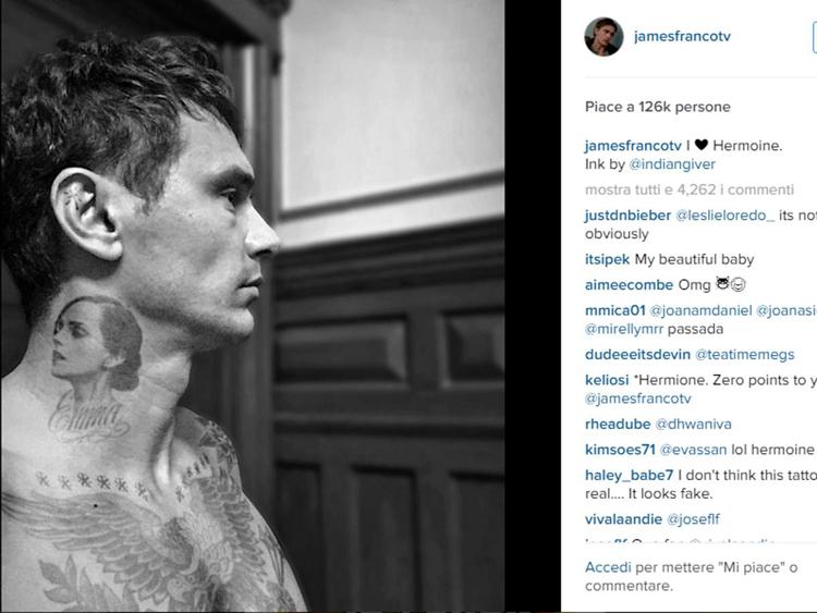 Il finto tatuaggio di James Franco (Foto da Instagram)