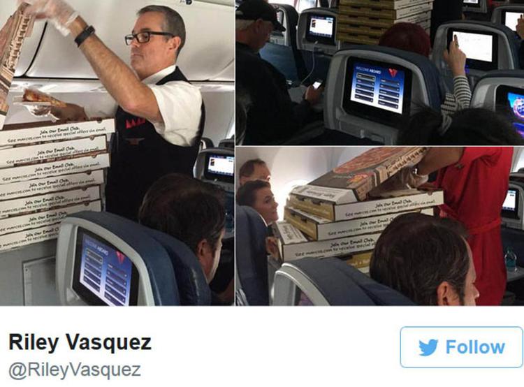 Uno dei tweet dei passeggeri con le foto del pizza party