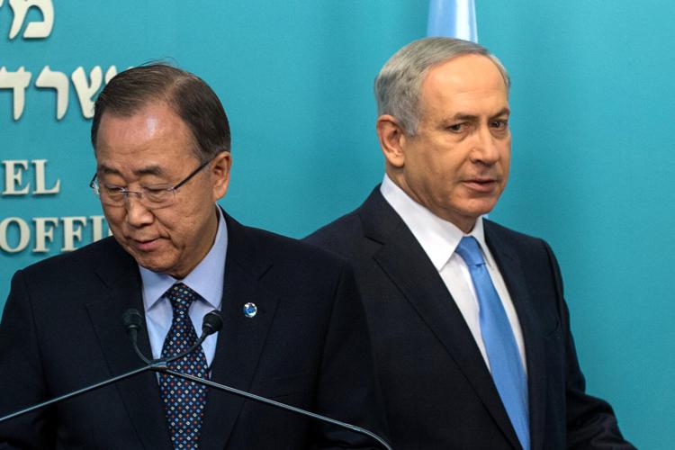 Il segretario generale dell'Onu, Ban Ki-moon e il premier israeliano, Benjamin Netanyahu (Xinhua)