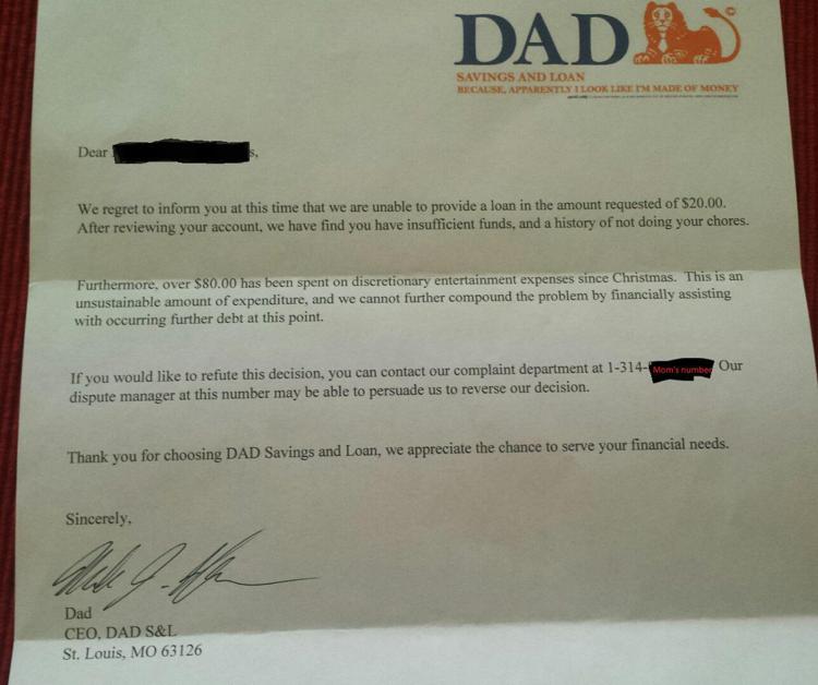 La lettera inviata dalla 'banca del papà' pubblicata su Imgur