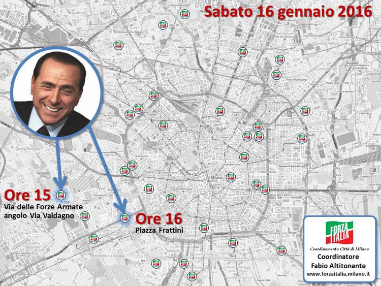 Mappa tour di Berlusconi tra   gazebo periferia di Milano 