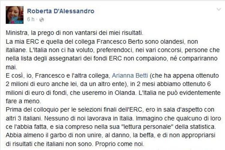 Il post della ricercatrice Roberta D'Alessandro su Facebook