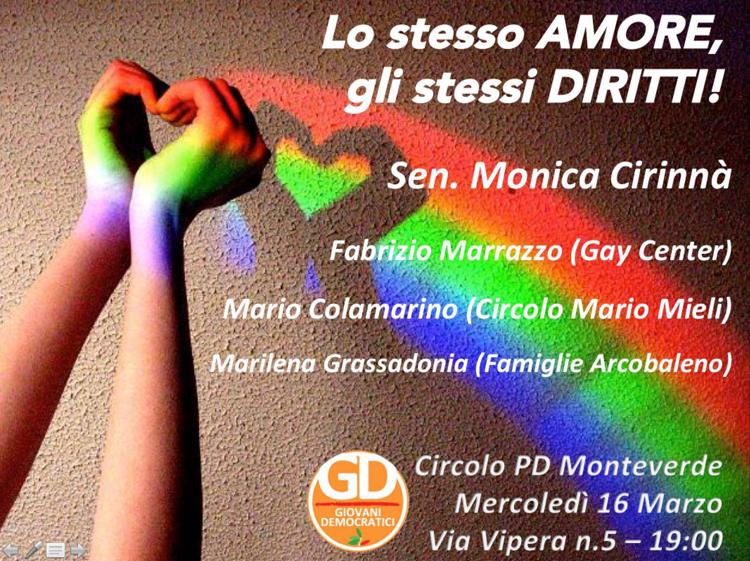 Unioni civili, circolo Monteverde Pd: domani a Roma incontro con Cirinnà