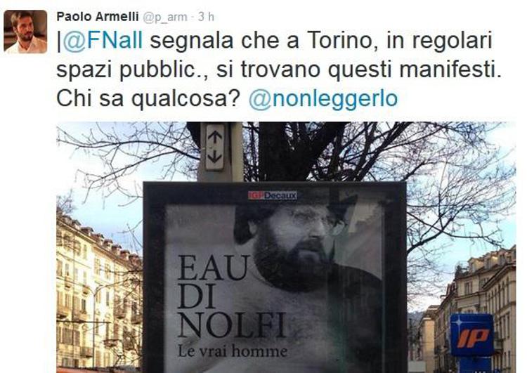 Il manifesto della finta campagna Dolce e Gabbana per il profumo di Mario Adinolfi (foto Twitter /Paolo Armelli)