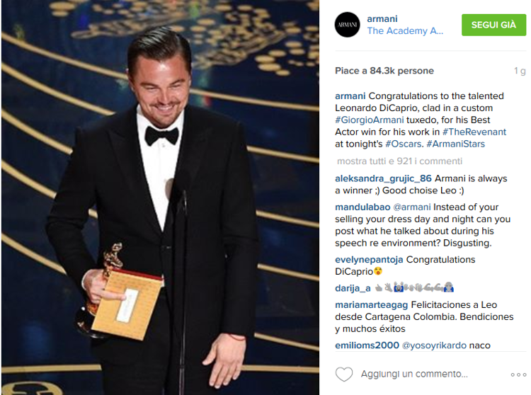 Leonardi di Caprio, account Instagram Giorgio Armani