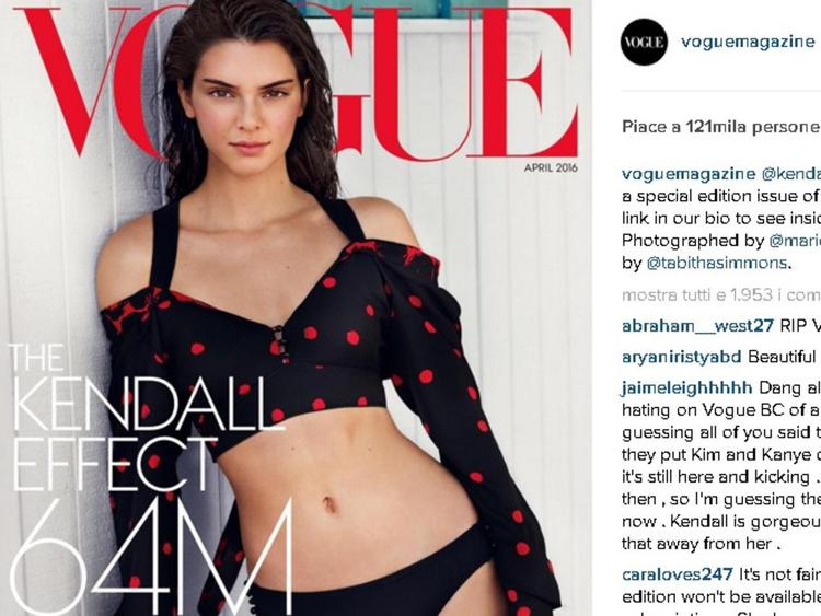 Kendall Jenner fotografata da Mario Testino per la special issue di 'Vogue' America (foto da Instagram)