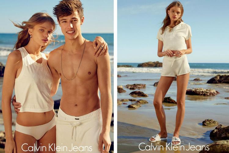 Due immagini della campagna Calvin Klein Jeans con Stella Lucia e Cameron Dallas
