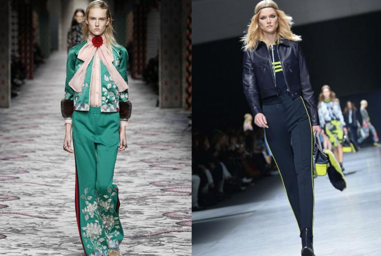 La tuta da ginnastica reinterpretata sulle passerelle in chiave couture da Gucci (a sinistra) e Versace (foto Afp)