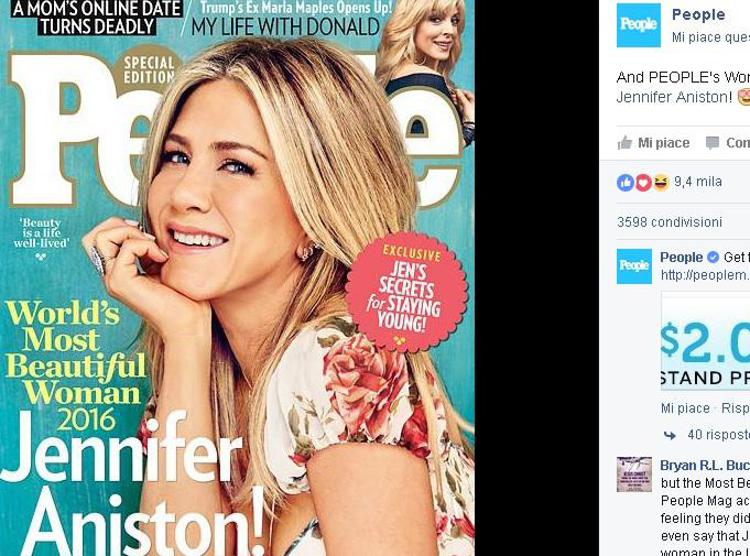 La copertina di People dedicata a Jennifer Aniston, eletta 