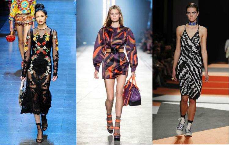 Il gambaletto rivisitato sulle passerelle della spring-summer 2016. Da sinistra Dolce&Gabbana (Fotogramma), Versace e Missoni