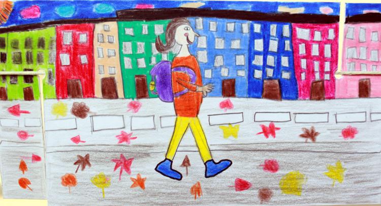 Il disegno di un bimbo esposto in occasione della mostra 'Siamo nati per camminare' a Milano (Fotogramma)