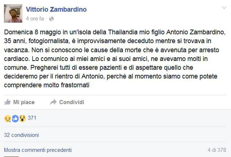 Thailandia, morto fotogiornalista italiano Antonio Zambardino