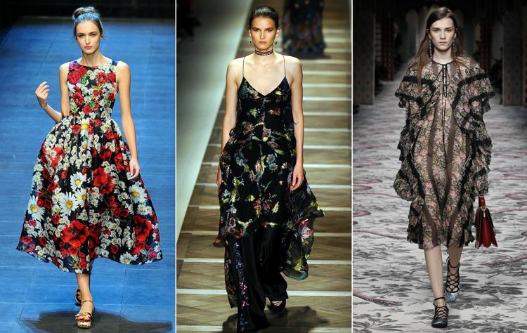 L'abito a fiori con background scuro, tra i capi  da acquistare in saldo che andranno di moda anche nella prossima stagione. Da sinistra Dolce&Gabbana (Fotogramma), Etro (Fotogramma) e Gucci.