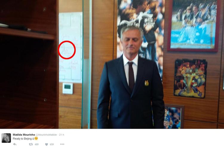 José Mourinho e sullo sfondo la lavagna con la 'misteriosa' formazione del Manchester United (foto dal profilo Twitter di Matilde Mourinho)