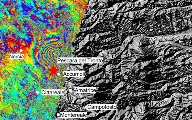 Immagine interferometrica dell'Italia centrale colpita dal sisma (Foto ESA) 