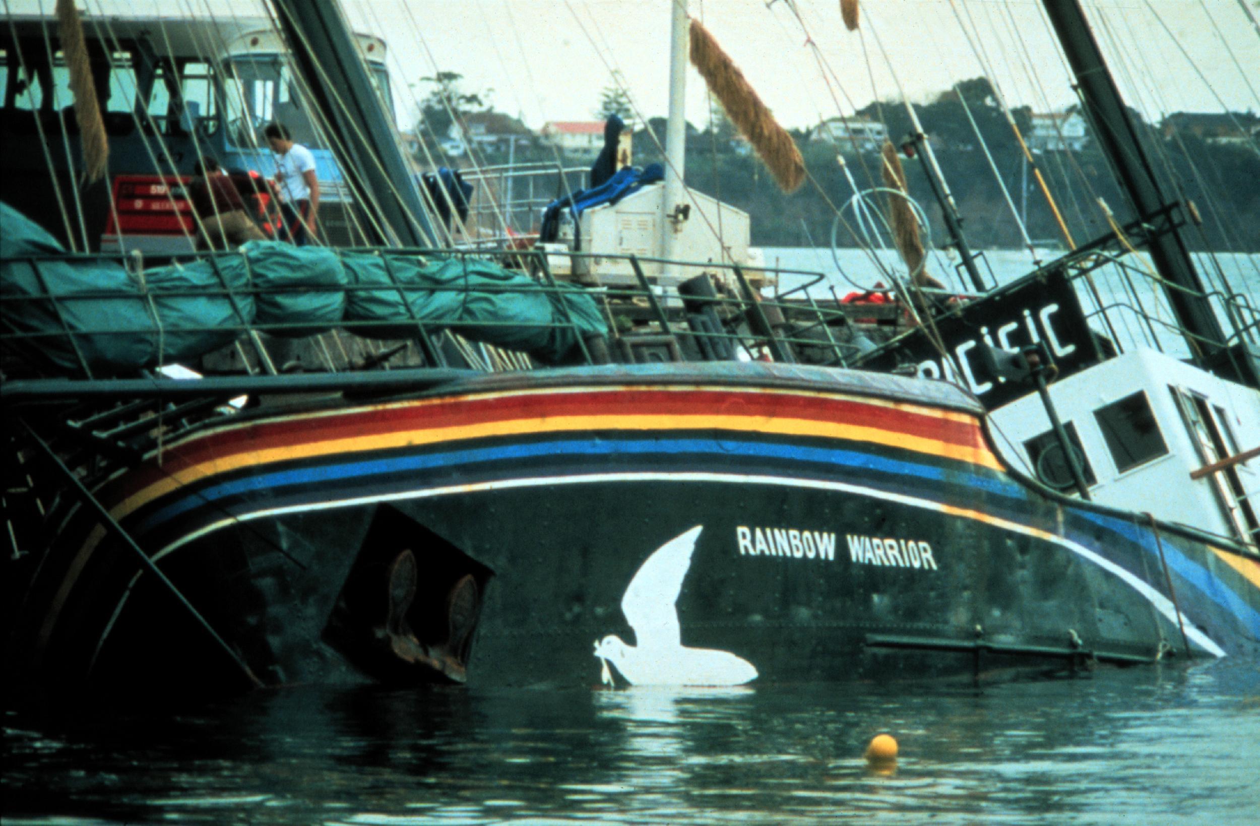 The Rainbow Warrior is in Marsden Wharf in Auckland Harbour after the bombing by French secret service agents.