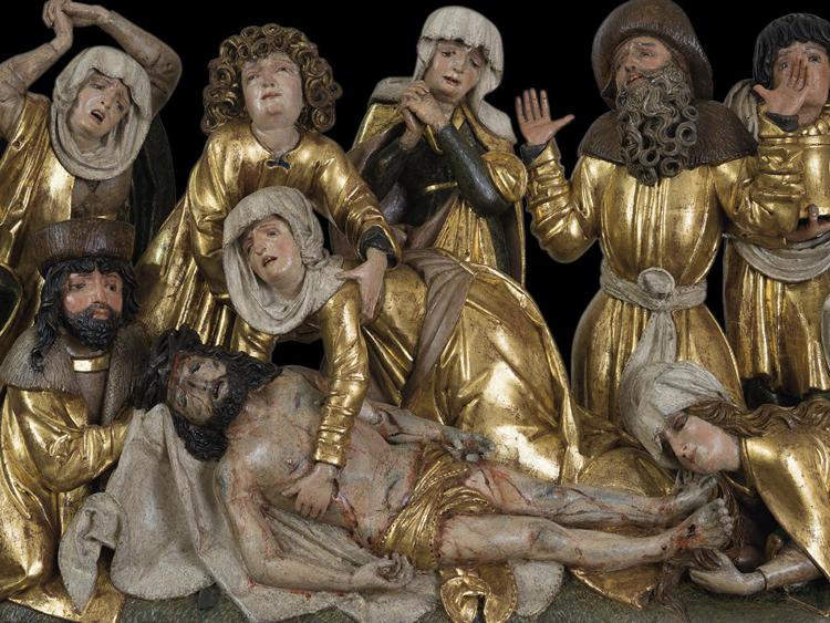 Particolare del 'Compianto sul Cristo morto dall’altare dei Santi Giovanni' dalla Basilica di San Giacomo, di Pavol di Levoča (1520), scultura policroma in legno di tiglio