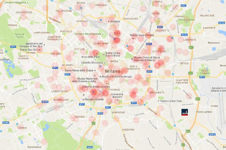 La mappa delle aree di Milano nelle quali vengono rubate più bici realizzata da 'The Submarine'