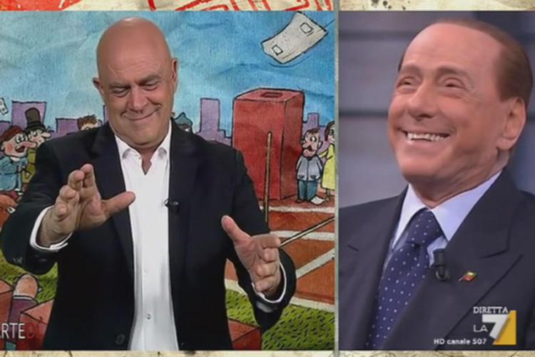 Maurizio Crozza e Silvio Berlusconi a 'diMartedì' (fermo immagine da video)