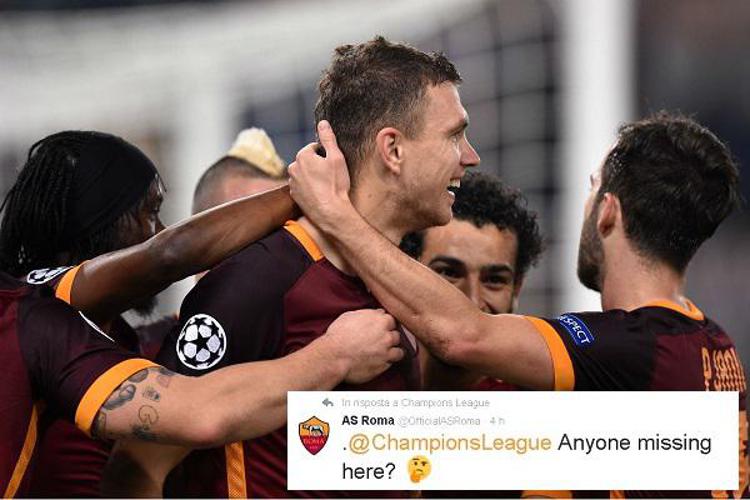 Un gol della Roma, foto repertorio (Xinhua) con il  tweet di risposta alla Uefa