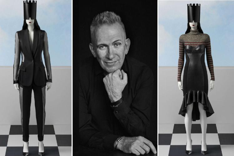 Due look della collezione Jean Paul Gaultier per Ovs e al centro un ritratto dello stilista realizzato da Peter Lindbergh