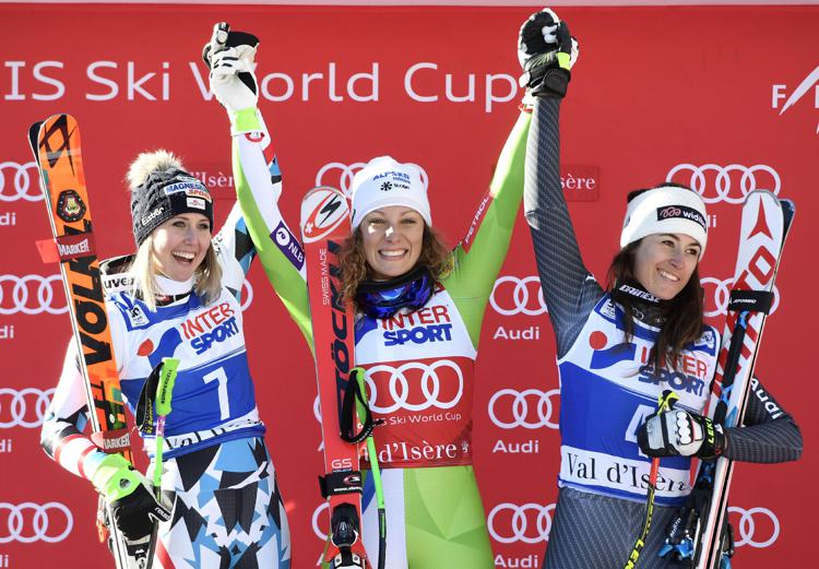 La slovenia Ilka Stuhec, l'austriaca Cornelia Huetter e l'azzurra Sofia Goggia sul podio in Val d'Isere,  - AFP