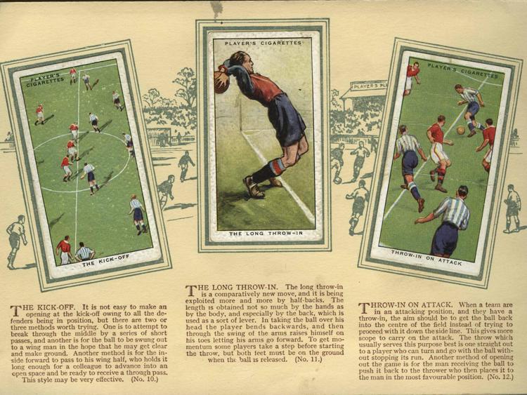 'Hints on association football', 1934. Pubblicità della John Player & Sons, Nottingham. Album per la raccolta di 50 cigarette cards.  Immagine della collezione del Museo della Figurina 