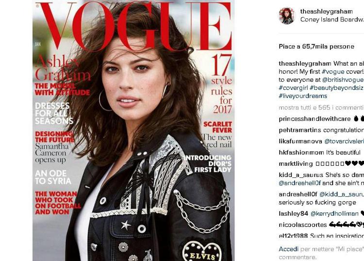 Ashley Graham sulla cover di gennaio 2017 di Vogue Uk (foto da Instagram)