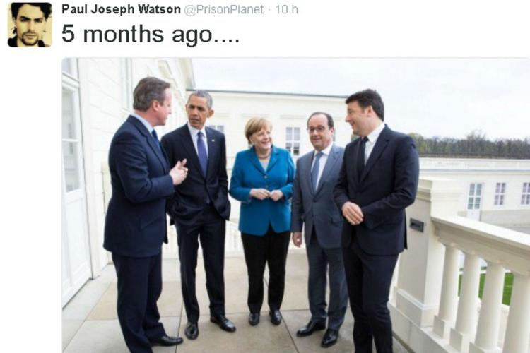 Da sinistra David Cameron, Barack Obama, Angela Merkel, François Hollande e Matteo Renzi (foto da Twitter)