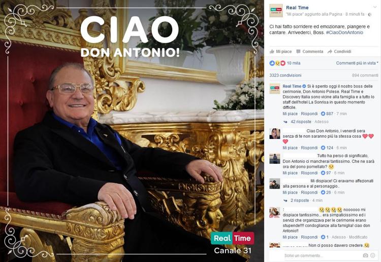Il post di addio a Don Antonio Polese sulla pagina ufficiale di Real Time