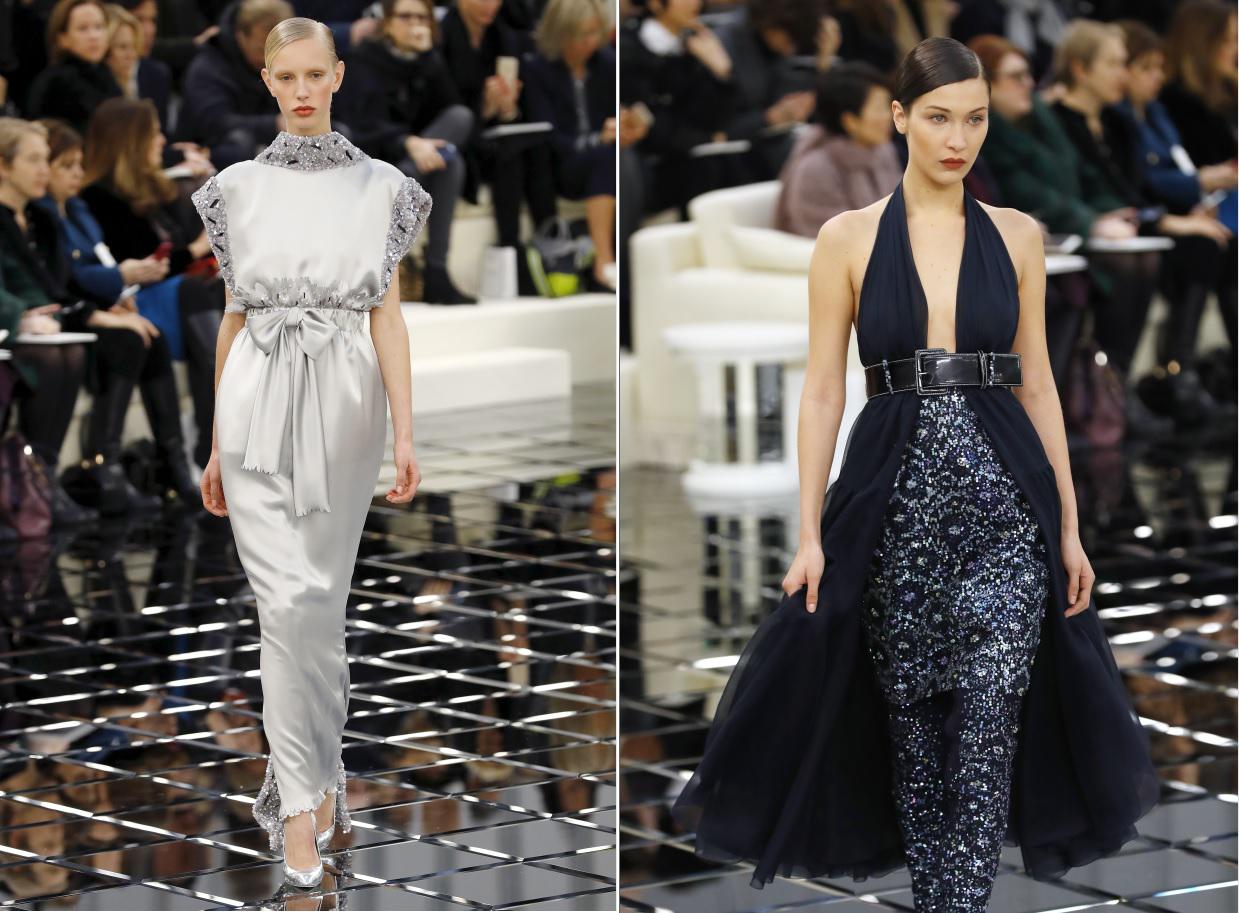 Bella Hadid (a destra) in passerella per Chanel Haute Couture (Afp)