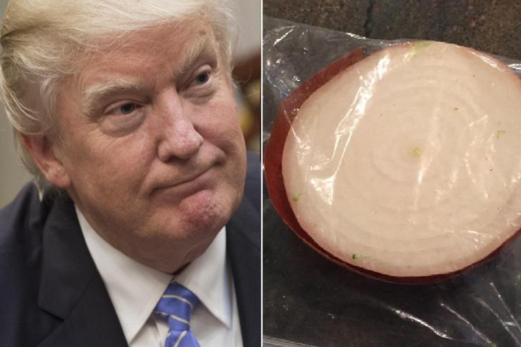 Donald Trump (Afp) e a destra la foto della mezza cipolla lanciata su Twitter dall'account 'Half an Onion' - AFP