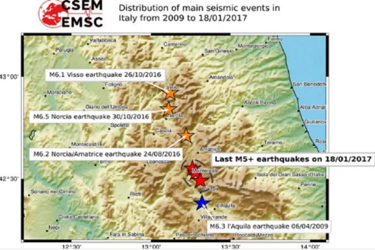 La mappa dei principali terremoti nel Centro Italia dal 2009 pubblicata su Twitter da Emsc