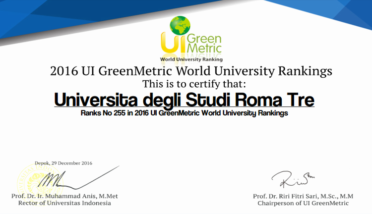Roma Tre entra nel Greenmetric ranking, è tra le università più verdi