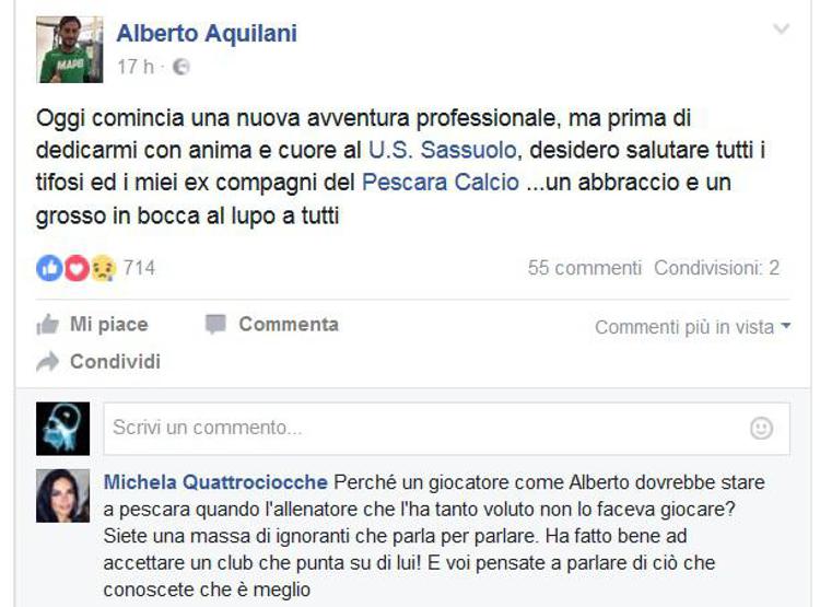 Aquilani saluta il Pescara e la moglie litiga coi tifosi su Facebook