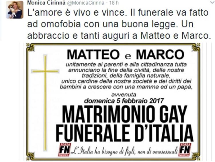 Bara con sopra nome sposi, Forza nuova inscena funerale durante nozze gay'