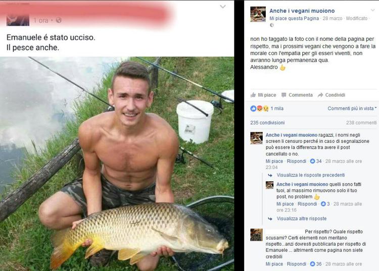 Uno dei tanti post contro Emanuele Morganti scovato dal gruppo satirico Facebook 'Anche i vegani muoiono'