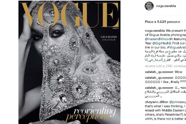Una delle due cover di 'Vogue Arabia' dedicate a Gigi Hadid (foto da Instagram)