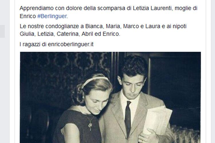 Addio a Letizia Laurenti, moglie di Enrico Berlinguer