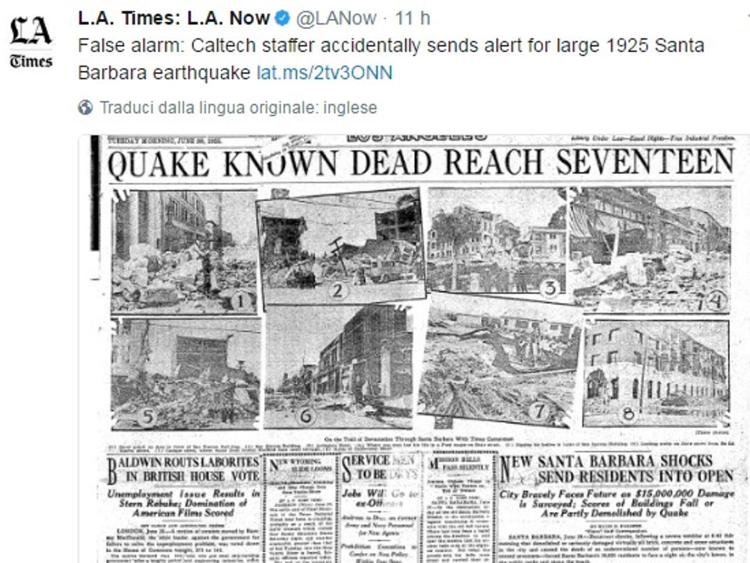 'Terremoto 6.8 in California', ma era nel 1925