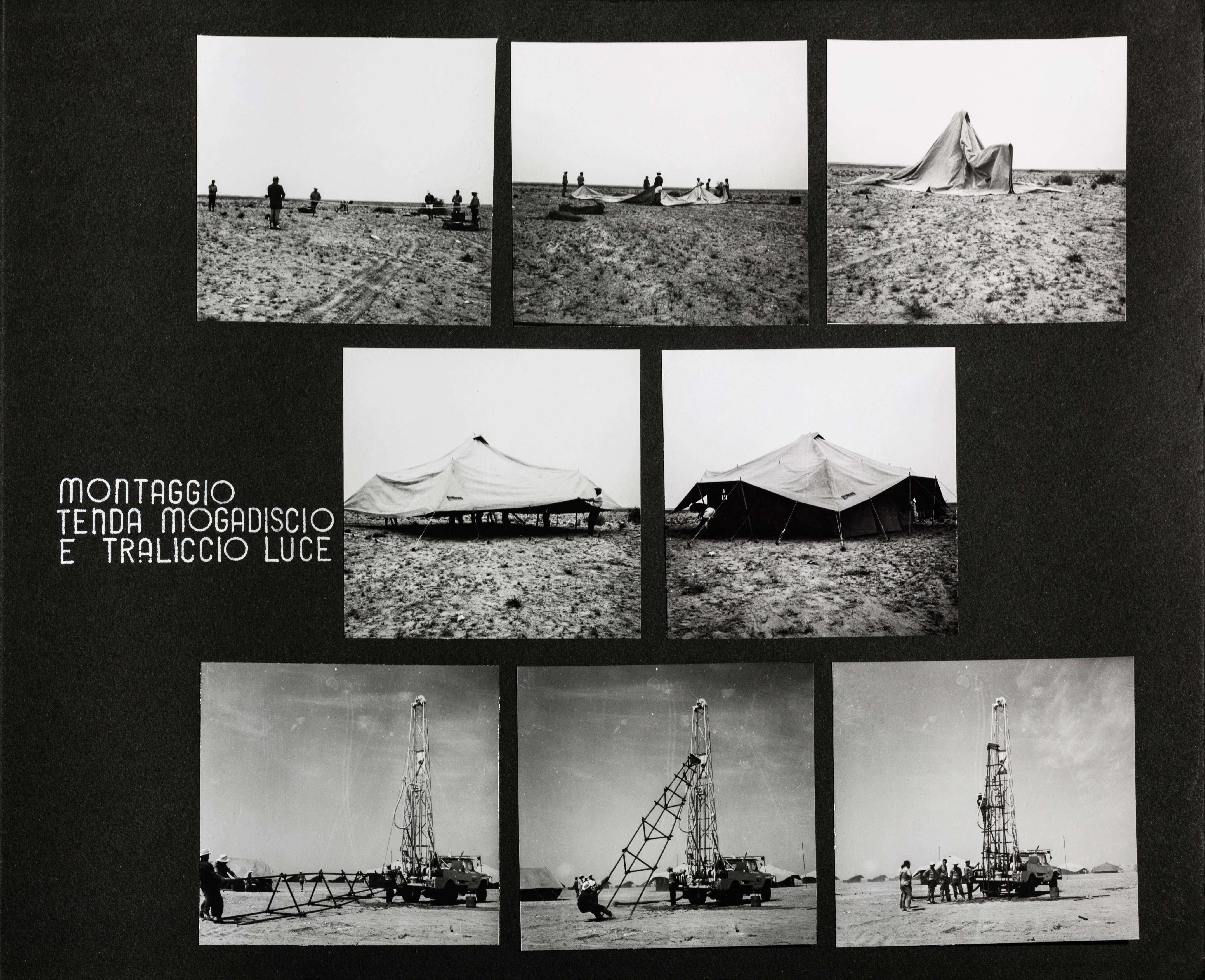 Momenti del montaggio della tenda piramidale e del traliccio della luce nel campo dell’Agip Mineraria. Tunisia, 1965 (Archivio storico Eni)