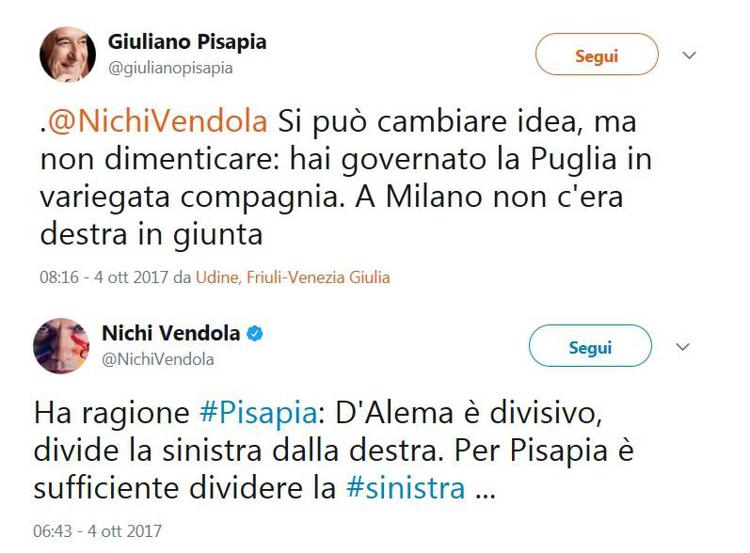 D'Alema 'divide' Vendola e Pisapia, scontro su twitter