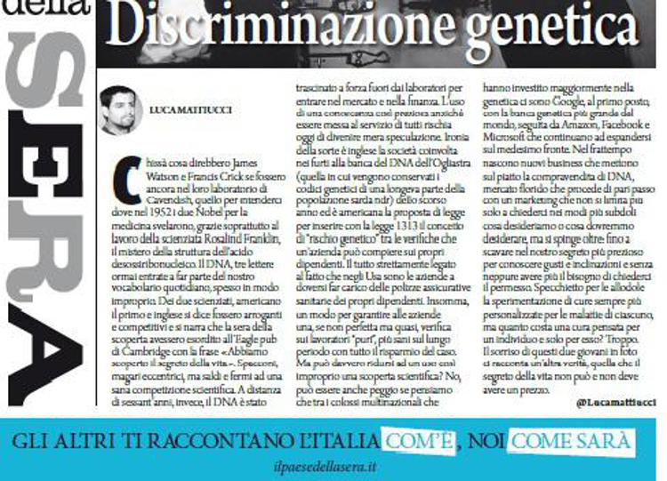 Editoria: sul nuovo numero del Paese della Sera la 'Discriminazione genetica'