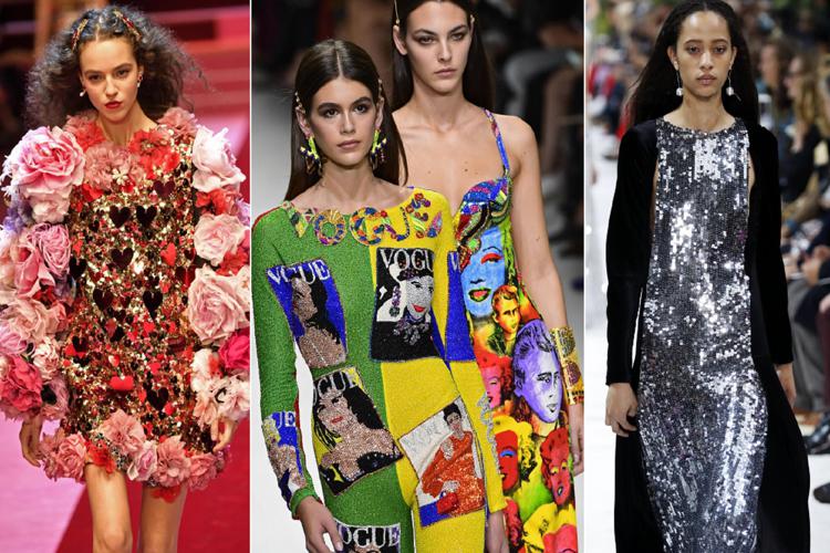 Le paillettes sulle passerelle per la ss 2018. Da sinistra Dolce e Gabbana, Versace e Valentino (Afp)