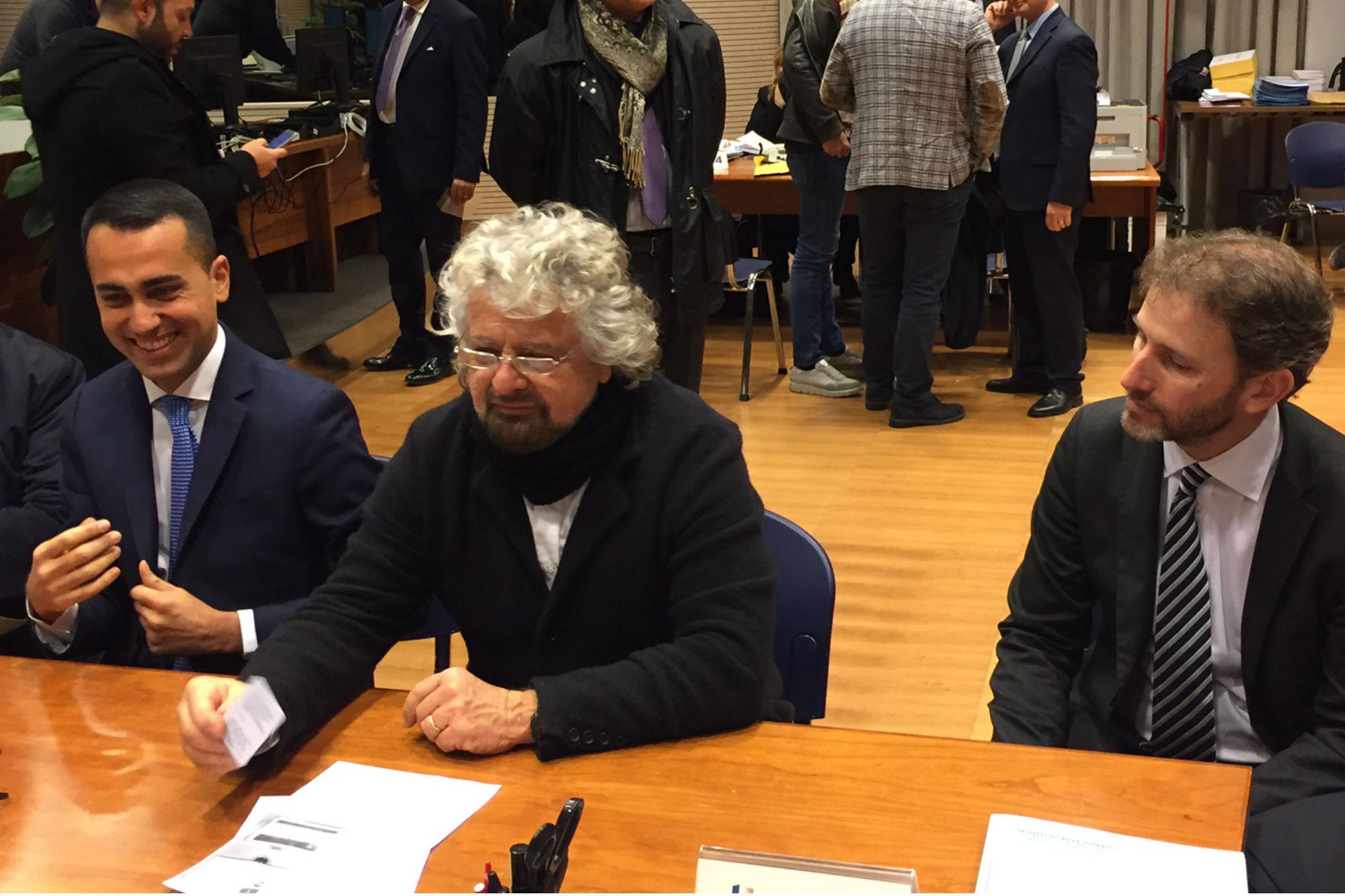 Di Maio, Grillo e Casaleggio al Viminale (Foto AdnKronos)