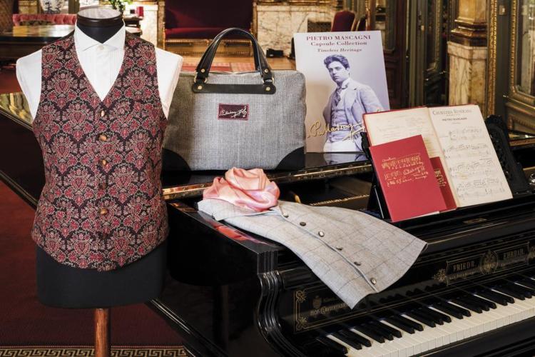 Alcuni abiti e accessori della prima capsule collection dedicata a Pietro Mascagni che sfilerà a Roma  nei saloni del Grand Hotel Plaza
