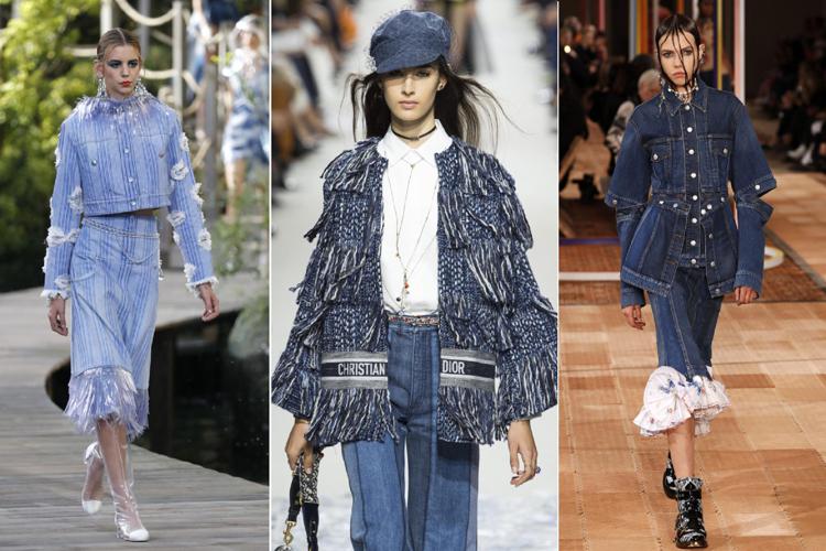 I jeans in total look sulle passerelle della spring-summer 2018. Da sinistra Chanel (Afp), Dior (Fotogramma) e Alexander McQueen (Afp)