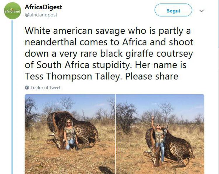 Uccide una giraffa e posta foto, insultata sui social